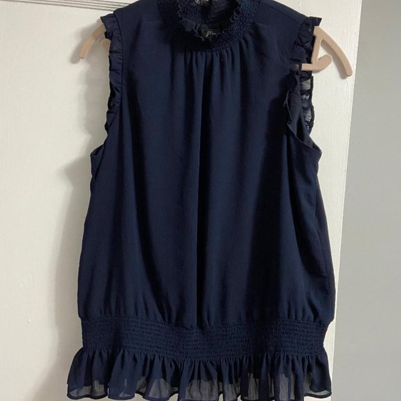 J. Crew Navy Ruffle Sleeveless Blouse - Picture 3 of 6
